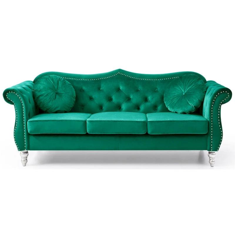 Hollywood 82 in. Velvet Chesterfield 3-Seater Sofa with 2-Throw Pillow - 82L x 35W x 34H