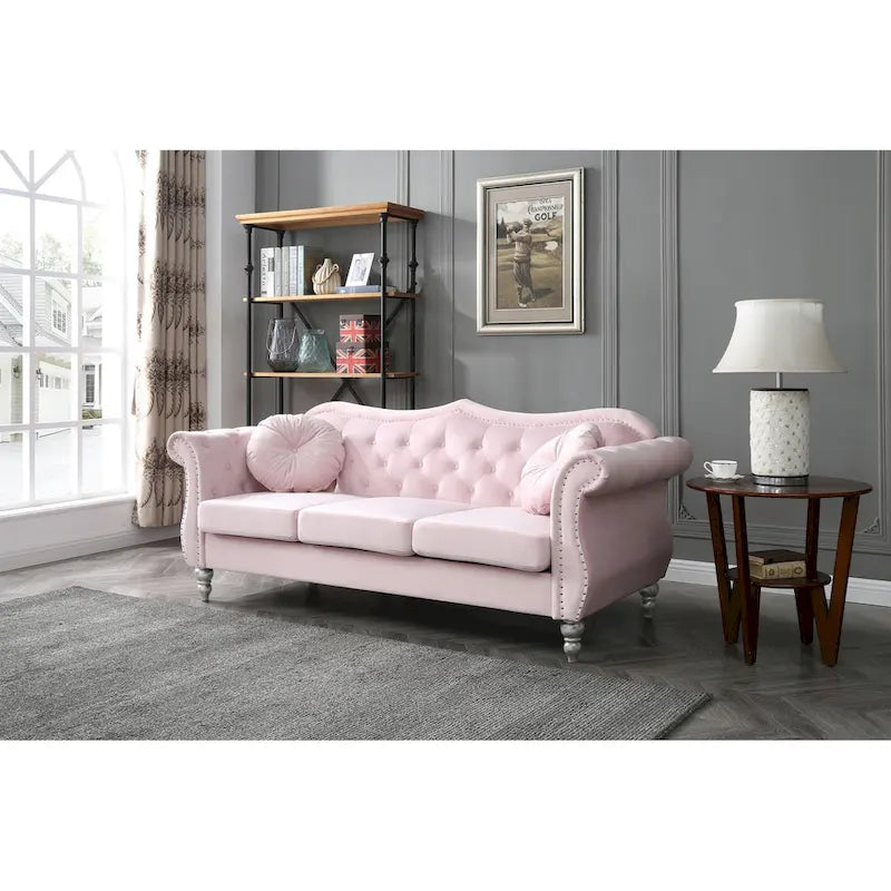 Hollywood 82 in. Velvet Chesterfield 3-Seater Sofa with 2-Throw Pillow - 82L x 35W x 34H