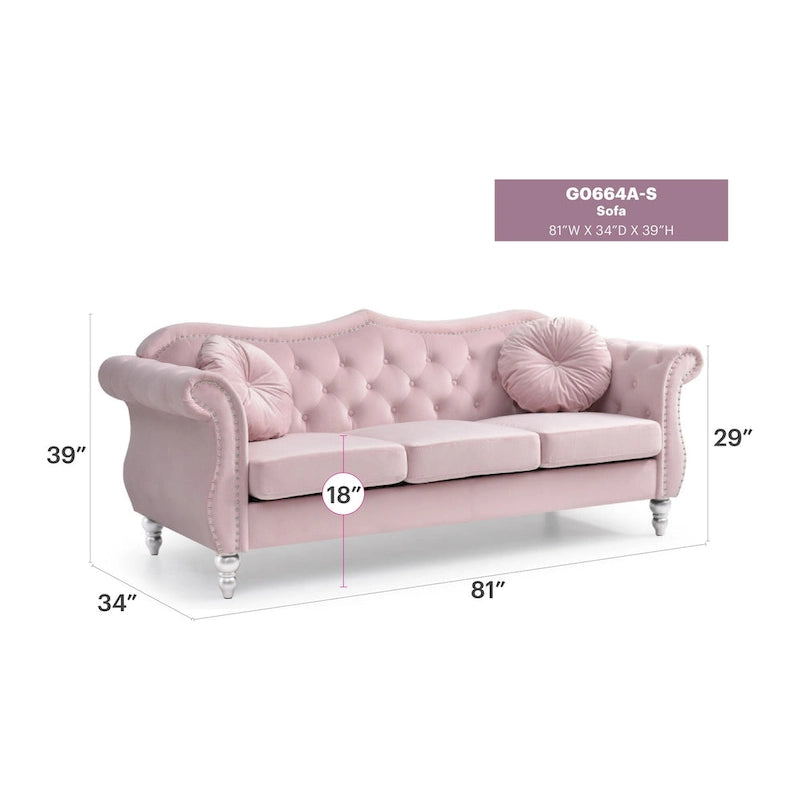 Hollywood 82 in. Velvet Chesterfield 3-Seater Sofa with 2-Throw Pillow - 82L x 35W x 34H