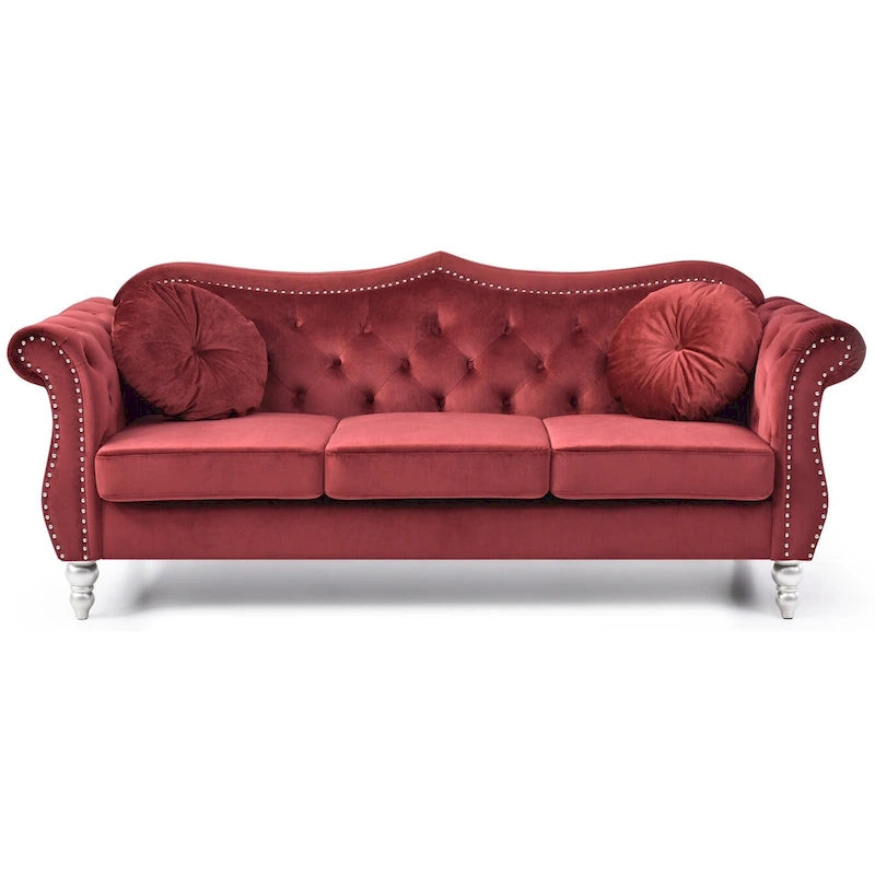 Hollywood 82 in. Velvet Chesterfield 3-Seater Sofa with 2-Throw Pillow - 82L x 35W x 34H