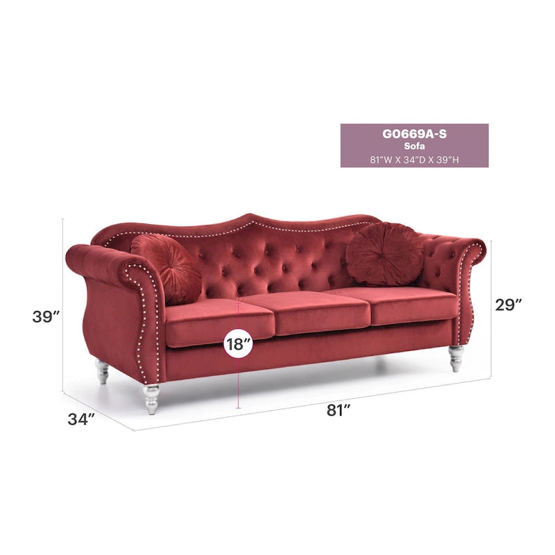 Hollywood 82 in. Velvet Chesterfield 3-Seater Sofa with 2-Throw Pillow - 82L x 35W x 34H