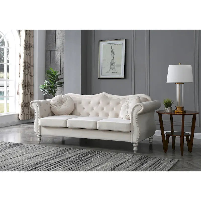 Hollywood 82 in. Velvet Chesterfield 3-Seater Sofa with 2-Throw Pillow - 82L x 35W x 34H