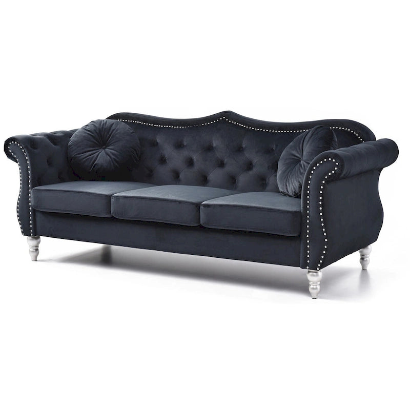 Hollywood 82 in. Velvet Chesterfield 3-Seater Sofa with 2-Throw Pillow - 82L x 35W x 34H