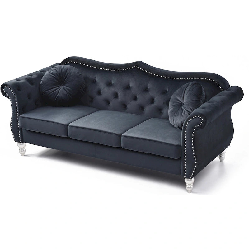 Hollywood 82 in. Velvet Chesterfield 3-Seater Sofa with 2-Throw Pillow - 82L x 35W x 34H