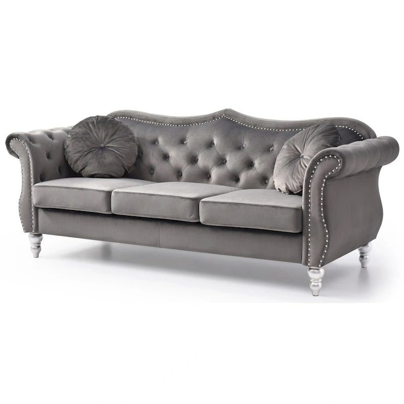Hollywood 82 in. Velvet Chesterfield 3-Seater Sofa with 2-Throw Pillow - 82L x 35W x 34H