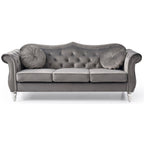 Hollywood 82 in. Velvet Chesterfield 3-Seater Sofa with 2-Throw Pillow - 82L x 35W x 34H