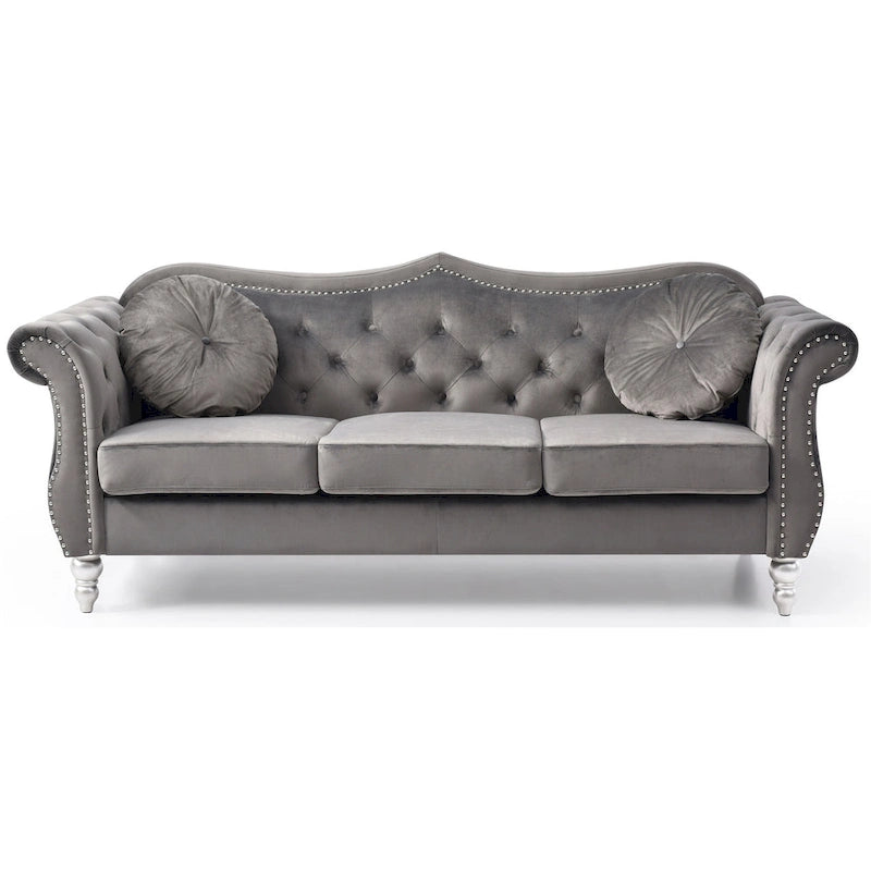 Hollywood 82 in. Velvet Chesterfield 3-Seater Sofa with 2-Throw Pillow - 82L x 35W x 34H