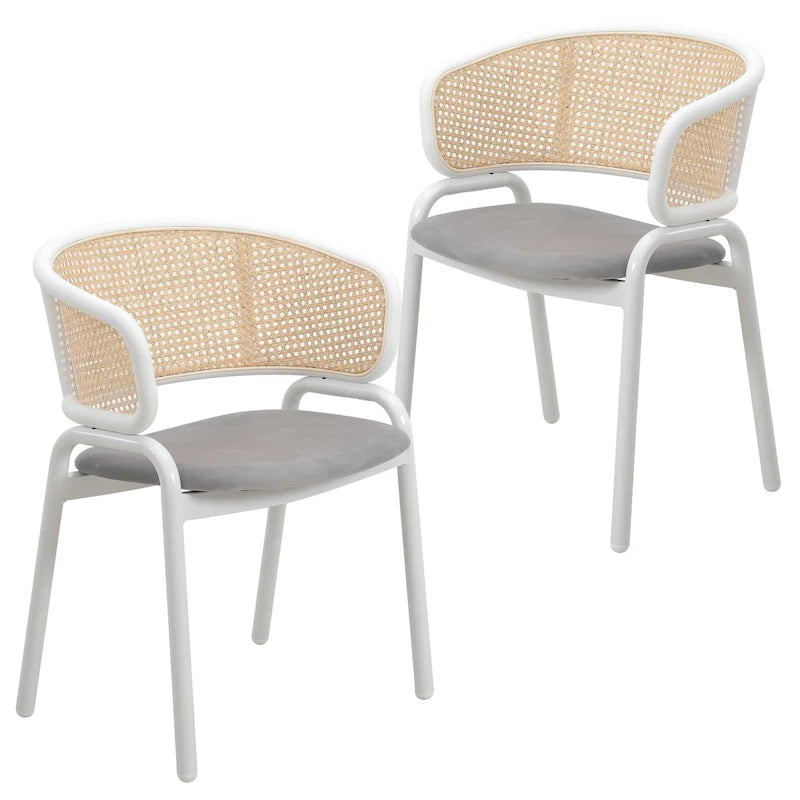 Ervilla Modern Stylish Side Chair with Rattan Back and White Steel Legs for Dining Room & Kitchen, Set of 2