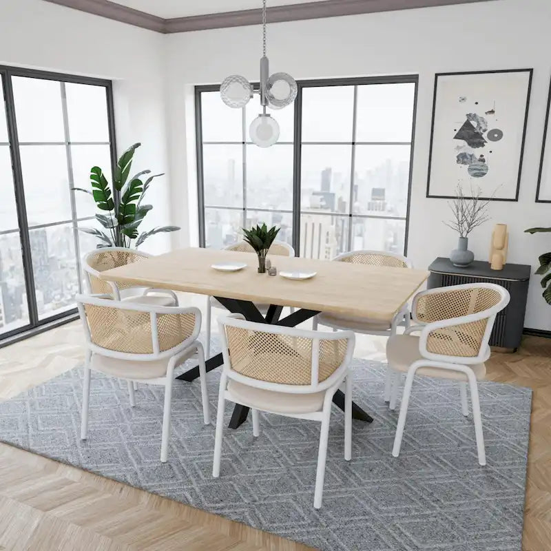 Ervilla Modern Stylish Side Chair with Rattan Back and White Steel Legs for Dining Room & Kitchen, Set of 2