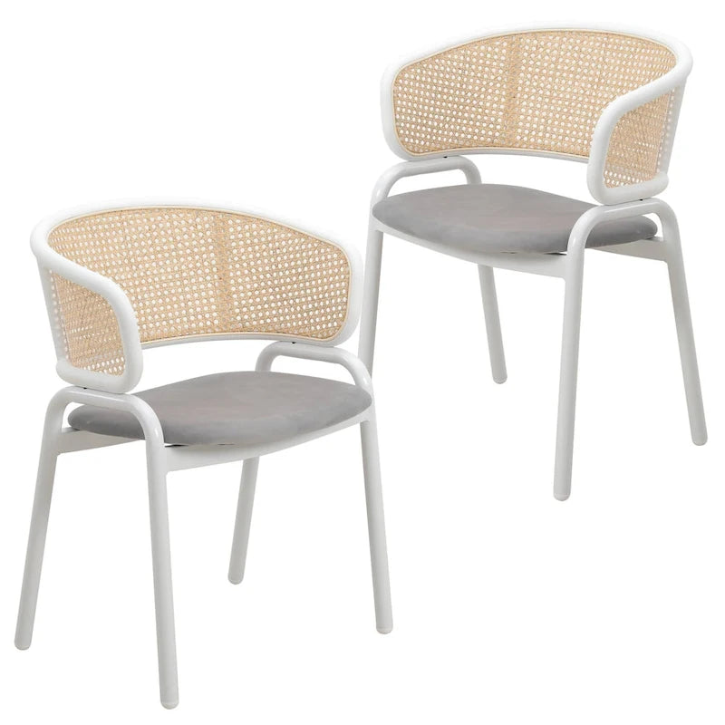 Ervilla Modern Stylish Side Chair with Rattan Back and White Steel Legs for Dining Room & Kitchen, Set of 2