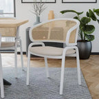 Ervilla Modern Stylish Side Chair with Rattan Back and White Steel Legs for Dining Room & Kitchen, Set of 2
