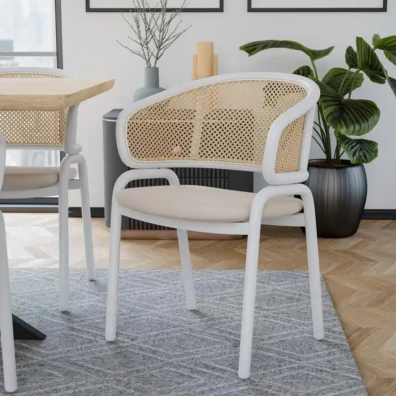 Ervilla Modern Stylish Side Chair with Rattan Back and White Steel Legs for Dining Room & Kitchen, Set of 2