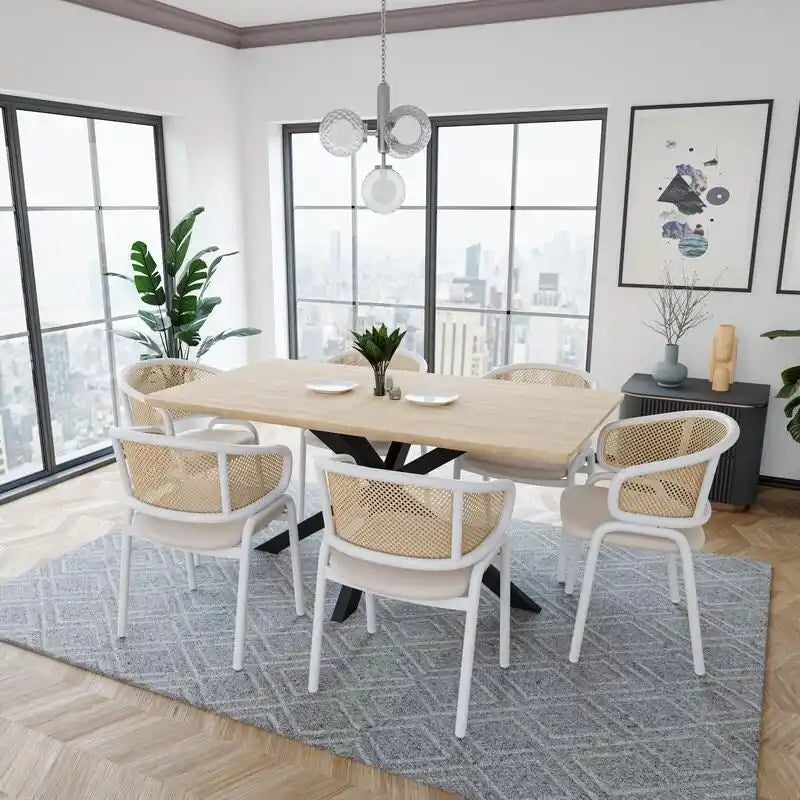 Ervilla Modern Stylish Side Chair with Rattan Back and White Steel Legs for Dining Room & Kitchen, Set of 2