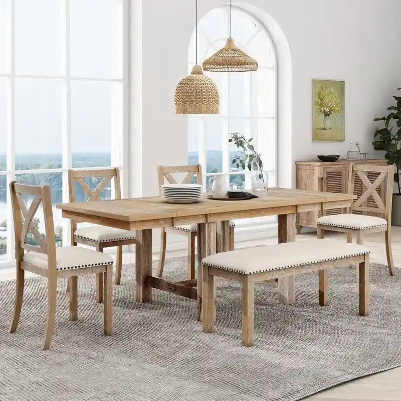 6-Piece Dining Kitchen Table Set, Extendable Wood Dining Table, 4 Upholstered Dining Chairs and Bench, Two 11 Removable Leaf