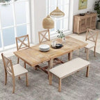 6-Piece Dining Kitchen Table Set, Extendable Wood Dining Table, 4 Upholstered Dining Chairs and Bench, Two 11 Removable Leaf