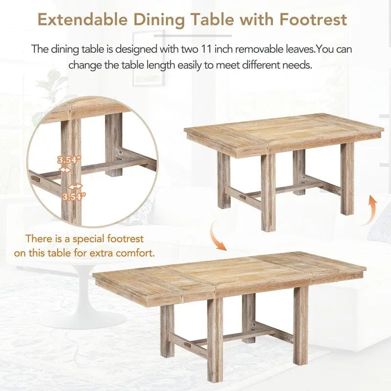 6-Piece Dining Kitchen Table Set, Extendable Wood Dining Table, 4 Upholstered Dining Chairs and Bench, Two 11 Removable Leaf