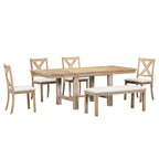 6-Piece Dining Kitchen Table Set, Extendable Wood Dining Table, 4 Upholstered Dining Chairs and Bench, Two 11 Removable Leaf