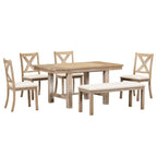 6-Piece Dining Kitchen Table Set, Extendable Wood Dining Table, 4 Upholstered Dining Chairs and Bench, Two 11 Removable Leaf