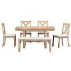 6-Piece Dining Kitchen Table Set, Extendable Wood Dining Table, 4 Upholstered Dining Chairs and Bench, Two 11 Removable Leaf