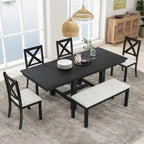 6-Piece Dining Kitchen Table Set, Extendable Wood Dining Table, 4 Upholstered Dining Chairs and Bench, Two 11 Removable Leaf