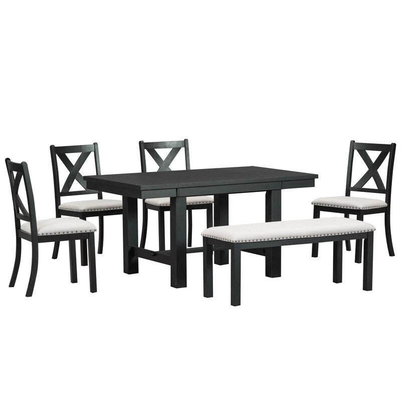 6-Piece Dining Kitchen Table Set, Extendable Wood Dining Table, 4 Upholstered Dining Chairs and Bench, Two 11 Removable Leaf
