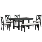 6-Piece Dining Kitchen Table Set, Extendable Wood Dining Table, 4 Upholstered Dining Chairs and Bench, Two 11 Removable Leaf