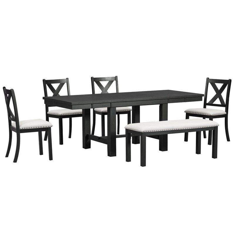 6-Piece Dining Kitchen Table Set, Extendable Wood Dining Table, 4 Upholstered Dining Chairs and Bench, Two 11 Removable Leaf