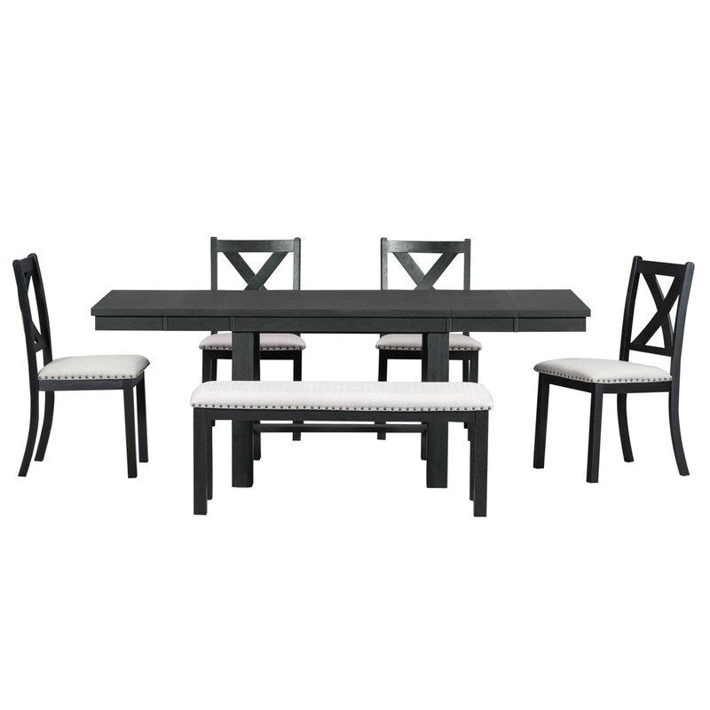 6-Piece Dining Kitchen Table Set, Extendable Wood Dining Table, 4 Upholstered Dining Chairs and Bench, Two 11 Removable Leaf