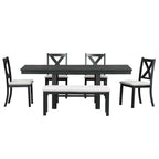 6-Piece Dining Kitchen Table Set, Extendable Wood Dining Table, 4 Upholstered Dining Chairs and Bench, Two 11 Removable Leaf