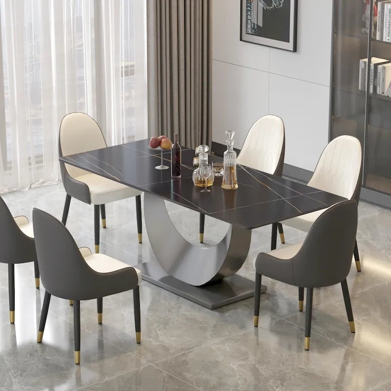 79 Marble Dining Table for 10, Modern Rectangle Kitchen Table with U Shape Pedestal Base