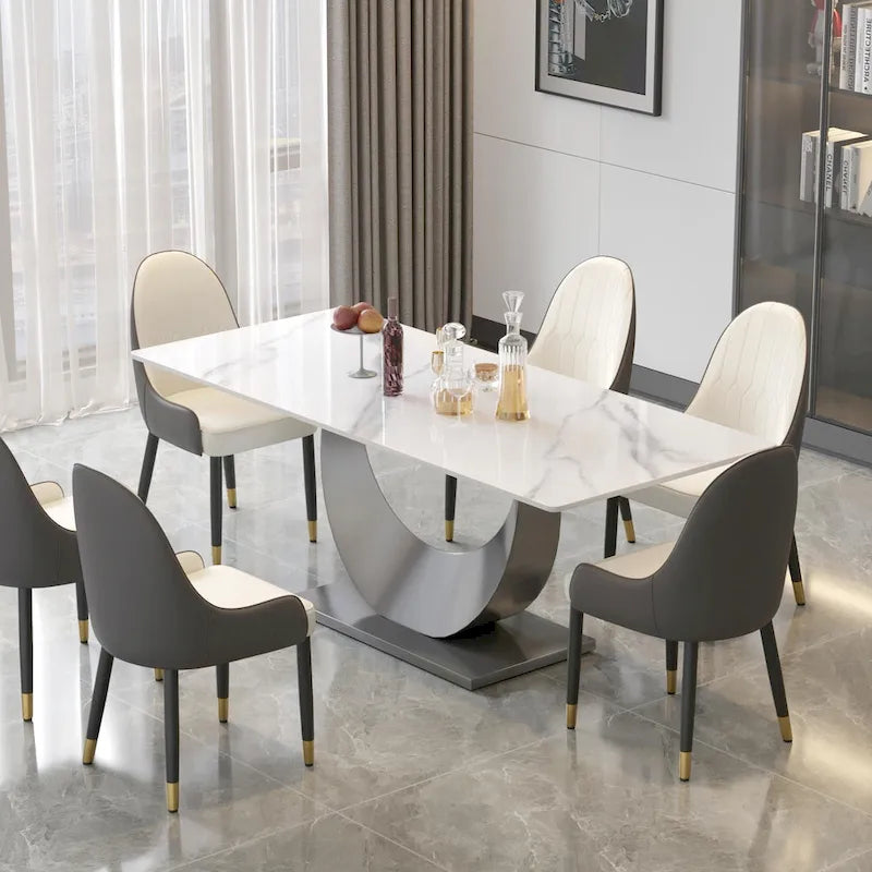 79 Marble Dining Table for 10, Modern Rectangle Kitchen Table with U Shape Pedestal Base