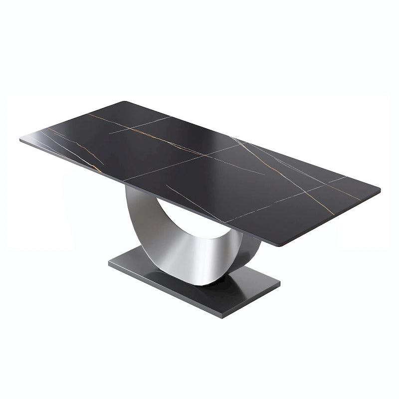 79 Marble Dining Table for 10, Modern Rectangle Kitchen Table with U Shape Pedestal Base