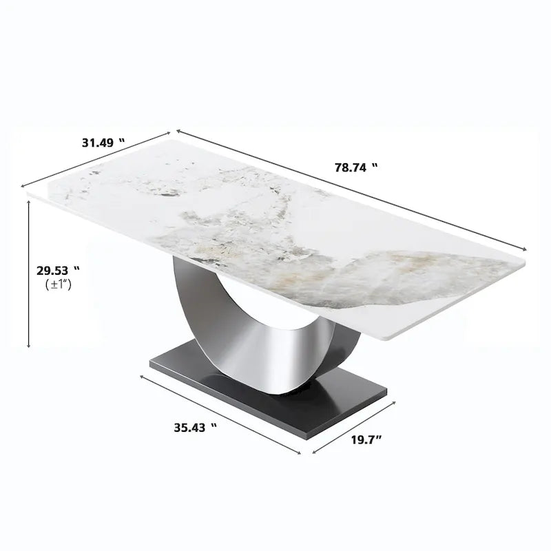 79 Marble Dining Table for 10, Modern Rectangle Kitchen Table with U Shape Pedestal Base