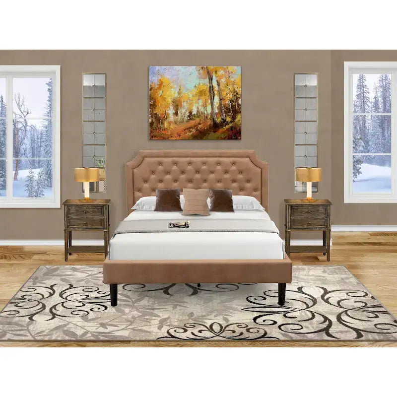 Bed Contains Brown Textured Upholstered Headboard, Footboard and Wood Rails, Slats - Wooden 9 Legs - Black Finish(Size Options)