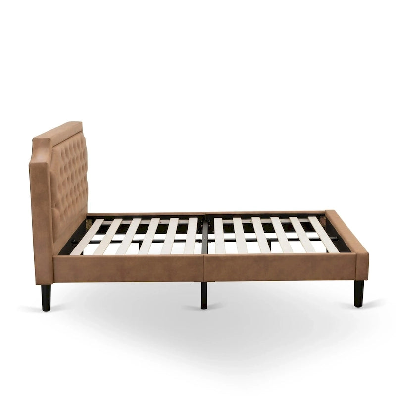 Bed Contains Brown Textured Upholstered Headboard, Footboard and Wood Rails, Slats - Wooden 9 Legs - Black Finish(Size Options)