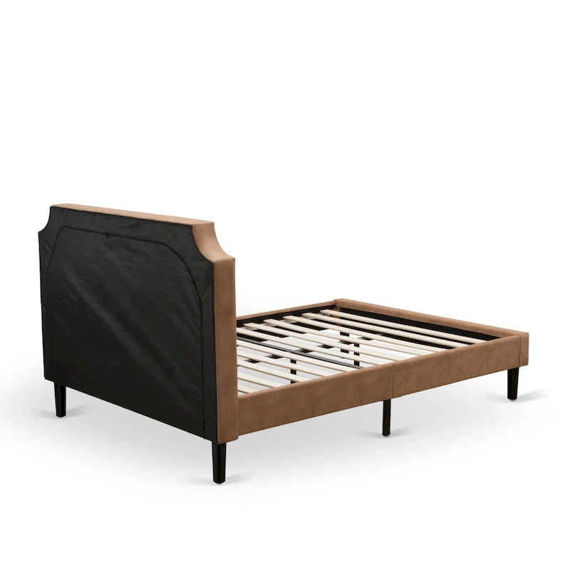 Bed Contains Brown Textured Upholstered Headboard, Footboard and Wood Rails, Slats - Wooden 9 Legs - Black Finish(Size Options)