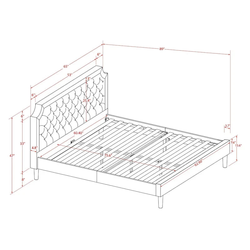 Bed Contains Brown Textured Upholstered Headboard, Footboard and Wood Rails, Slats - Wooden 9 Legs - Black Finish(Size Options)