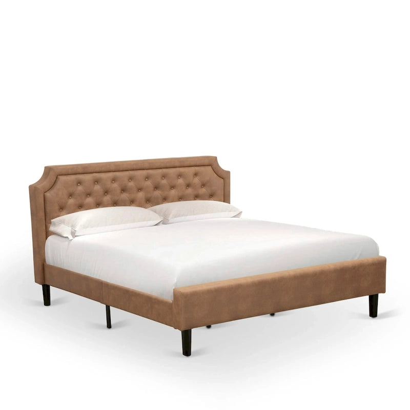 Bed Contains Brown Textured Upholstered Headboard, Footboard and Wood Rails, Slats - Wooden 9 Legs - Black Finish(Size Options)