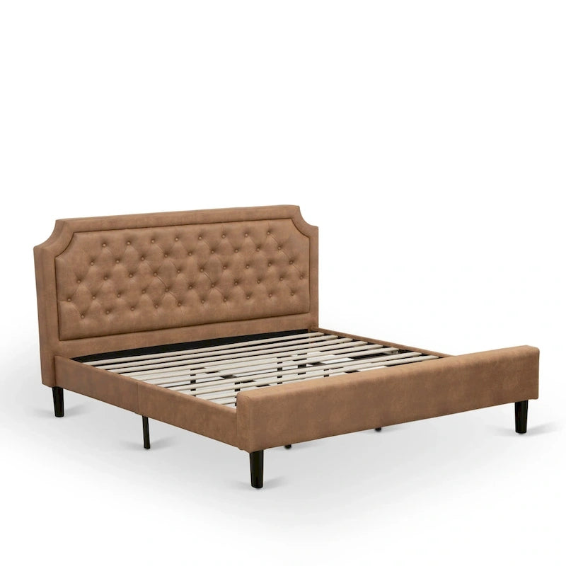 Bed Contains Brown Textured Upholstered Headboard, Footboard and Wood Rails, Slats - Wooden 9 Legs - Black Finish(Size Options)