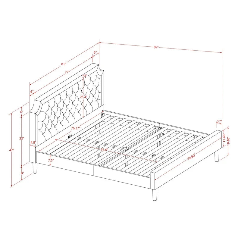Bed Contains Brown Textured Upholstered Headboard, Footboard and Wood Rails, Slats - Wooden 9 Legs - Black Finish(Size Options)