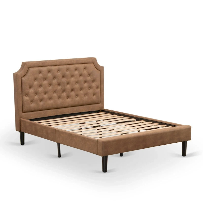Bed Contains Brown Textured Upholstered Headboard, Footboard and Wood Rails, Slats - Wooden 9 Legs - Black Finish(Size Options)