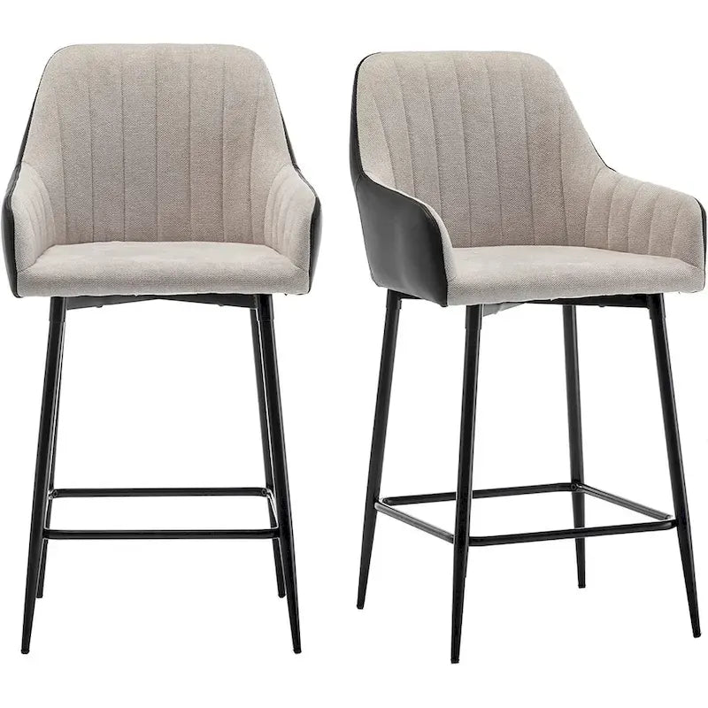 Tall Counter Height Bar Stools, 25, Mid-Back Upholstered Fabric Accent , PU Black Back, Beige Fabric, Set Of 2