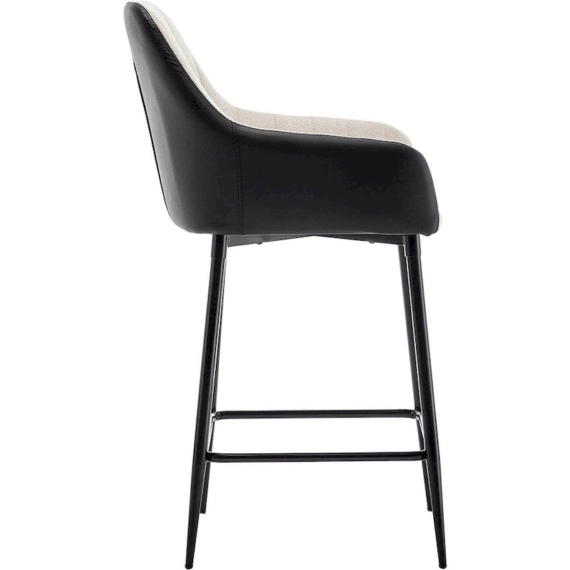 Tall Counter Height Bar Stools, 25, Mid-Back Upholstered Fabric Accent , PU Black Back, Beige Fabric, Set Of 2