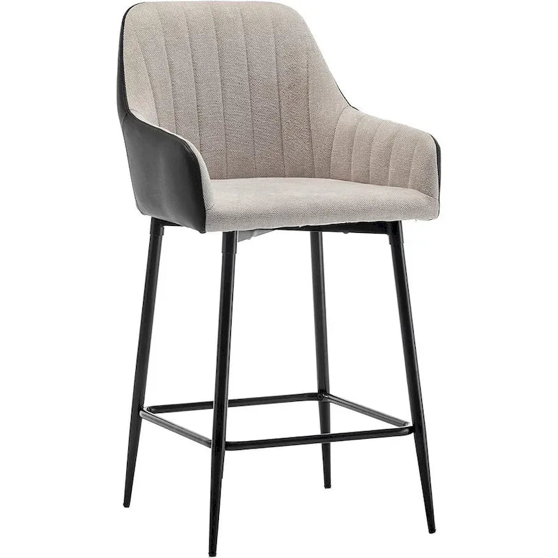 Tall Counter Height Bar Stools, 25, Mid-Back Upholstered Fabric Accent , PU Black Back, Beige Fabric, Set Of 2