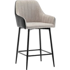 Tall Counter Height Bar Stools, 25, Mid-Back Upholstered Fabric Accent , PU Black Back, Beige Fabric, Set Of 2