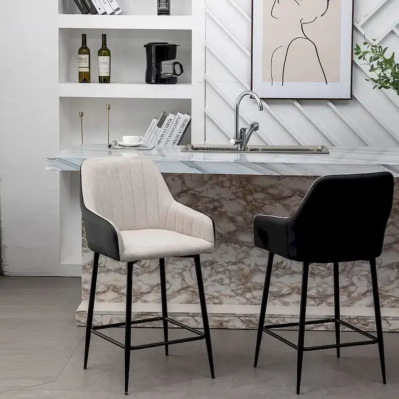 Tall Counter Height Bar Stools, 25, Mid-Back Upholstered Fabric Accent , PU Black Back, Beige Fabric, Set Of 2
