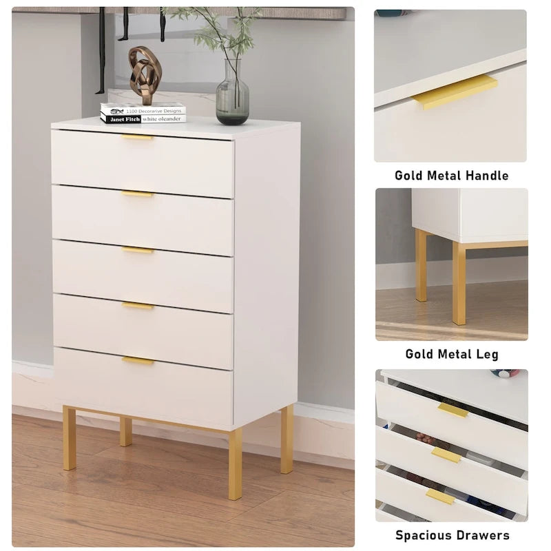 5 Drawer Dresser Chest End Table Storage Cabinet 23.6 W White/Back