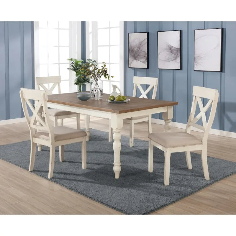 Roundhill Furniture Prato 5-piece Dining Table Set With Cross Back Chairs, Antique White and Distressed Oak