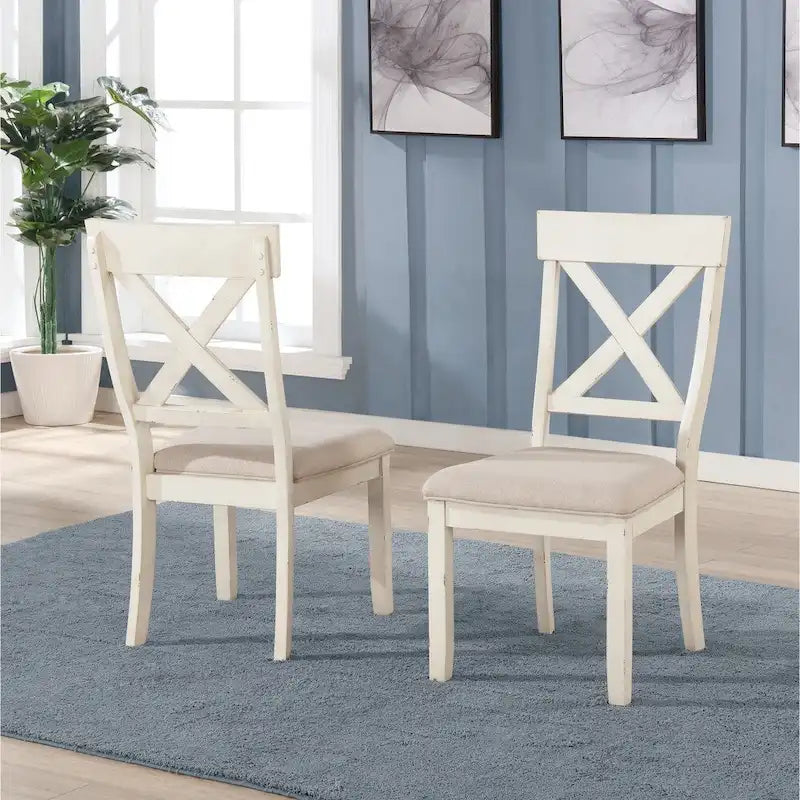 Roundhill Furniture Prato 5-piece Dining Table Set With Cross Back Chairs, Antique White and Distressed Oak