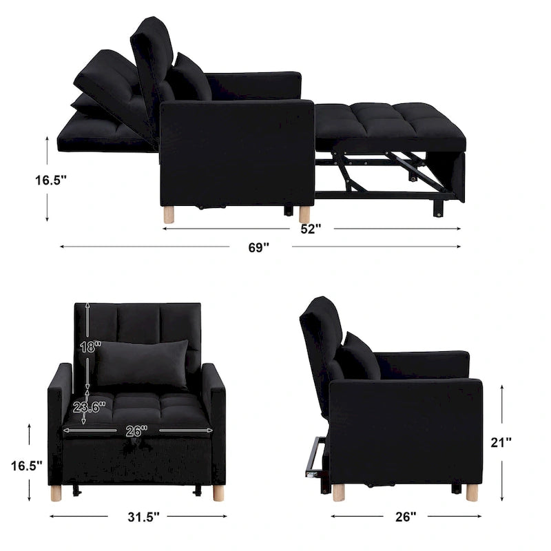 3-in-1 Convertible Sleeper Sofa Lounge Chair Bed, Black